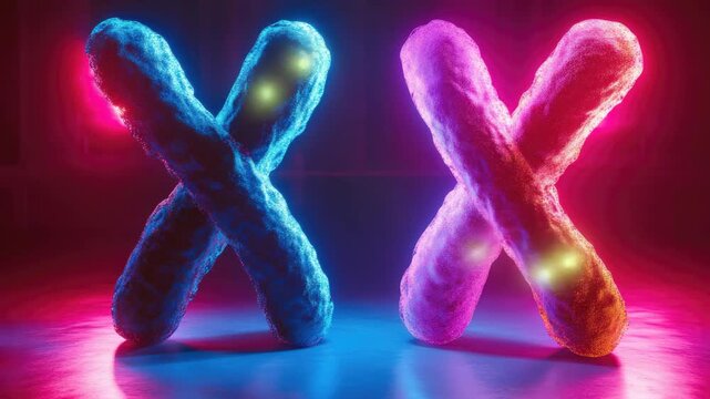 Abstract 3D Glowing X Symbols with Textured Surfaces in Neon Environment