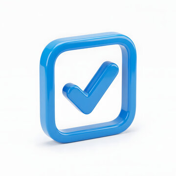 Glossy blue checkmark icon inside a square frame created with high quality 3d render style