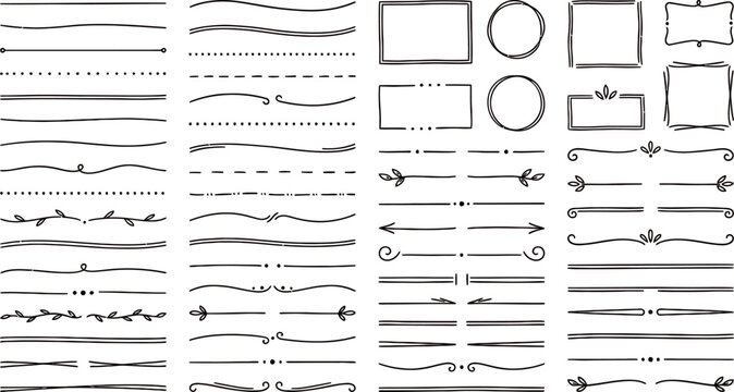 A comprehensive collection of hand drawn vintage decorative text dividers borders frames and flourishes isolated on a clean white background design element