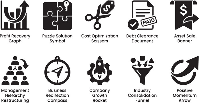 Set of ten black and white business icons representing financial growth, management hierarchy, cost reduction, debt clearance, and strategic planning concepts