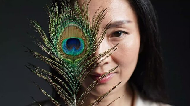 Asian Woman Covering Half Face with Colorful Peacock Feather Close Up