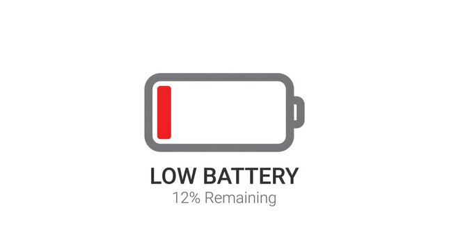 low battery icon isolated on white background, low battery warning symbol on white background, nearly empty battery icon showing 12 percent, low battery charge notification illustration
