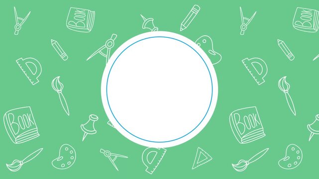 Educational background with school supplies doodles on green board and central circle frame for text or logo.