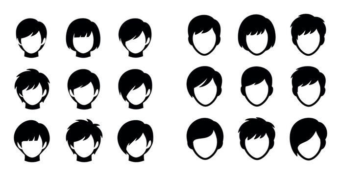 people and hairstyle vector icons with female haircuts, male haircuts and fringe for mobile app design in solid style