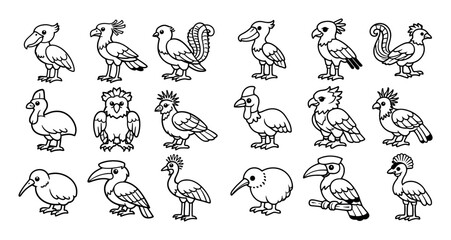 Naklejka premium Birds and tropical wildlife concept icons with parrot, toucan and kiwi for presentation design in outline style
