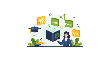 Naklejka premium Flat Vector Illustration of Student with Open Book and Academic Subjects Icons