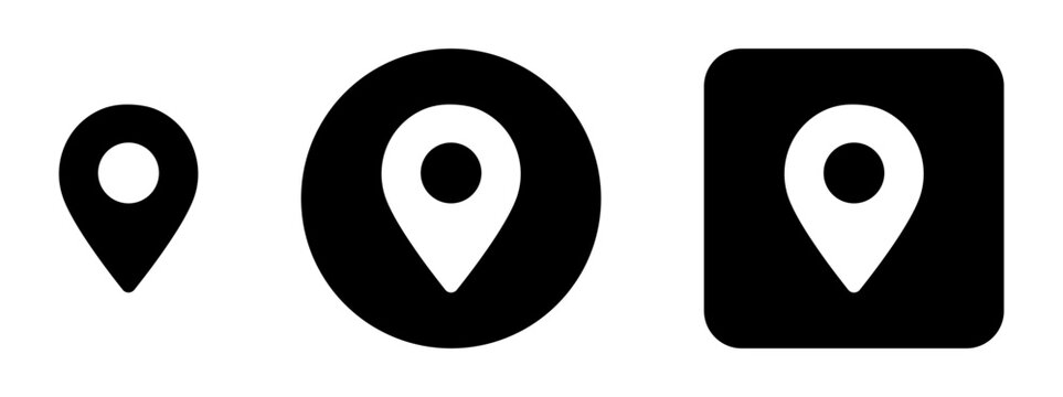 Location pin map marker icon set with location, map pin, navigation, GPS and place symbols in circle and rounded square button styles for maps, travel apps, websites, dashboards and digital UI design.