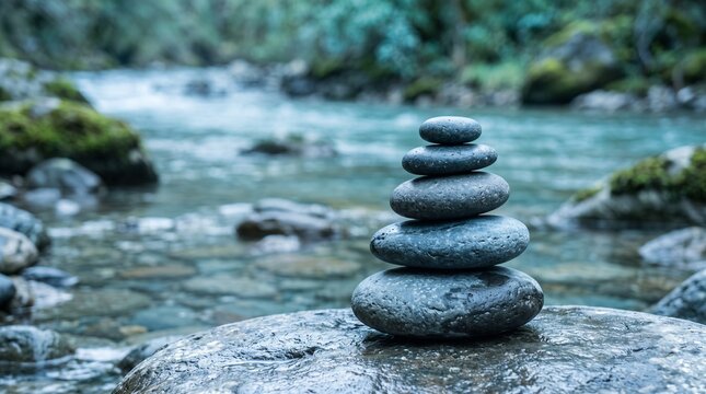 Stacked river stones zen balance sculpture on a wet rock in a flowing turquoise mountain stream with soft natural lighting and tranquil outdoor nature background