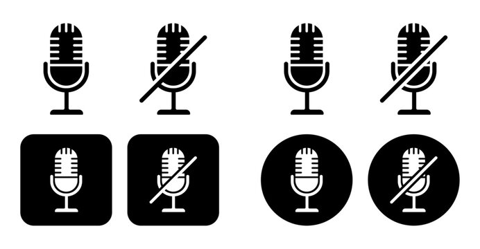 Microphone mute and unmute icons for audio control, voice recording, podcast, communication and call interface designs. Clean black vector symbols suitable for websites, mobile apps, media players