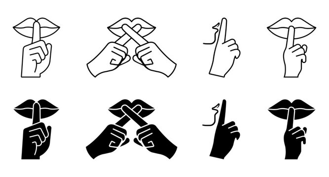 Silent, shushing, quiet, silence and hand gesture icons for communication, instruction, privacy, messaging and social media applications.