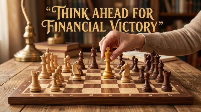 Person's hand moving a golden king chess piece on a chessboard, symbolizing strategic financial victory and planning.