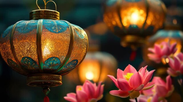 Glowing Traditional Chinese Lanterns and Pink Lotus Flowers