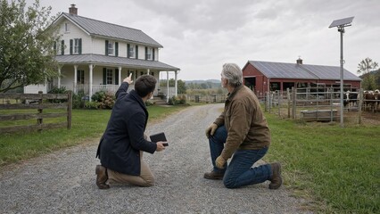 Fototapeta premium Two men discuss renovations for a rustic farmhouse while kneeling on a gravel path, surrounded by nature and farm buildings.