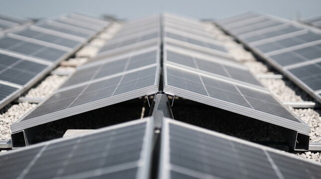 Low angle close up of modern solar panels array mounted on flat rooftop with gravel base under bright blue sky clear day sustainable energy infrastructure concept for environmental power gen