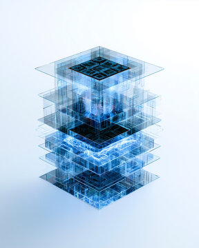 Premium X Ray Exploded View Of A Semiconductor Wafer With Ultra Thin Transparent Silicon Layers. Luminous Blue Circuit Pathways Reveal Precise Microchip Architecture On A Clean White Background.