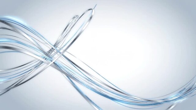 Abstract glowing silver ribbons weave dynamic patterns across a clean light space creating elegant fluid motion in this professional high definition modern digital motion video clip.