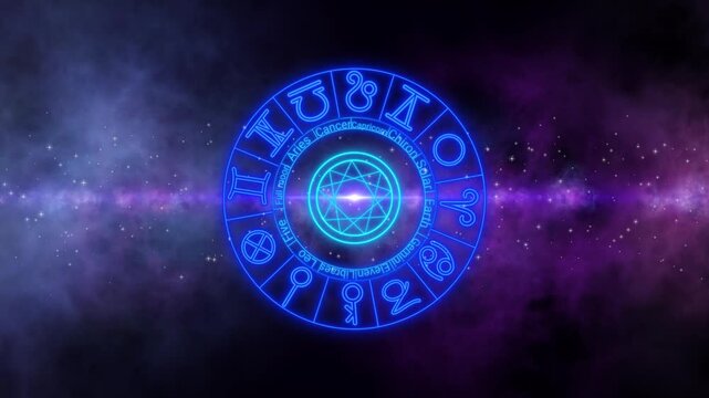 Glowing Neon Blue Zodiac Wheel Rotating In Deep Cosmic Space Filled With Purple Nebula Clouds Mystic Stars Dust Particles And A Bright Center Lens Flare Spiritual Astrological Horoscope Background Ani