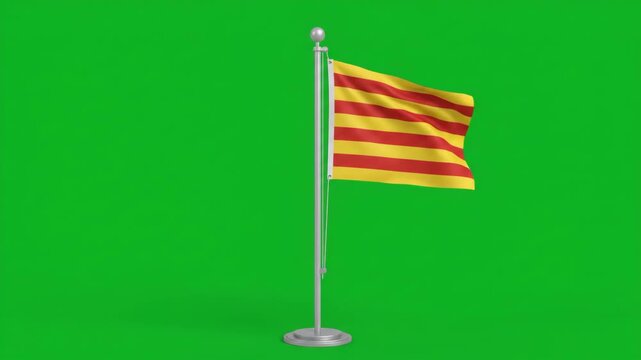 Waving Catalan Flag on a Flagpole Against a Green Screen Background, Representing Catalonia's Identity and Heritage.