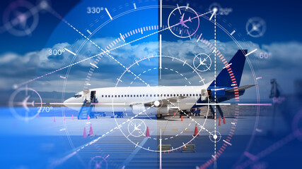 Air traffic control, flight navigation and aircraft route monitoring using digital radar interface for safe airport operations and aviation management. © Grispb