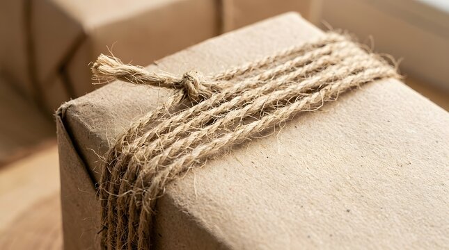 Close up view of a cardboard parcel box wrapped in eco friendly brown kraft paper and securely tied with natural rustic jute twine string for sustainable e-commerce shipping and delivery.