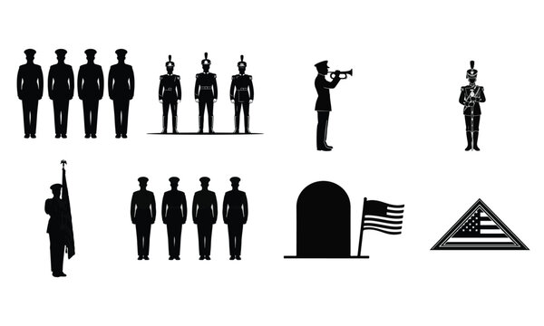 Military honor guard silhouettes standing in formation with flag tombstone and bugle icon.