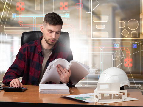 Building engineering, construction engineer reviews technical documents and calculates project data using architectural plans and utility system drawings.