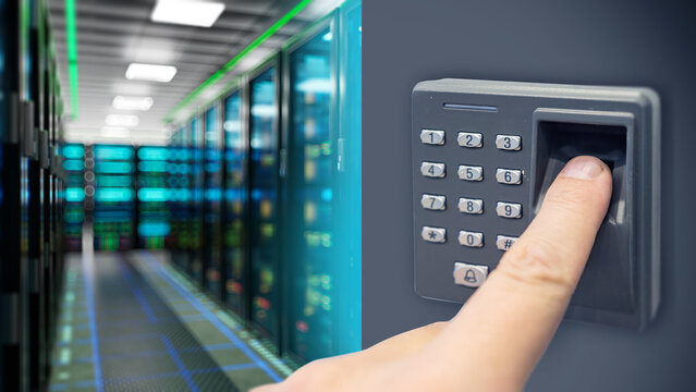 Data center security, biometric fingerprint access controls entry to server infrastructure, protecting digital systems and confidential information.