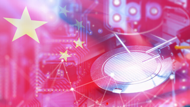 Semiconductor manufacturing, China develops microchip production as robotic equipment processes silicon wafers for advanced electronics and technology.