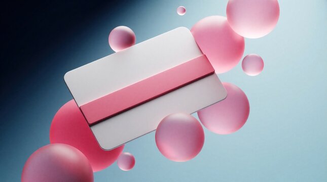 Blank credit card floats among pink spheres against blue gradient background. Abstract render symbolizes modern finance plastic payment method for commerce.