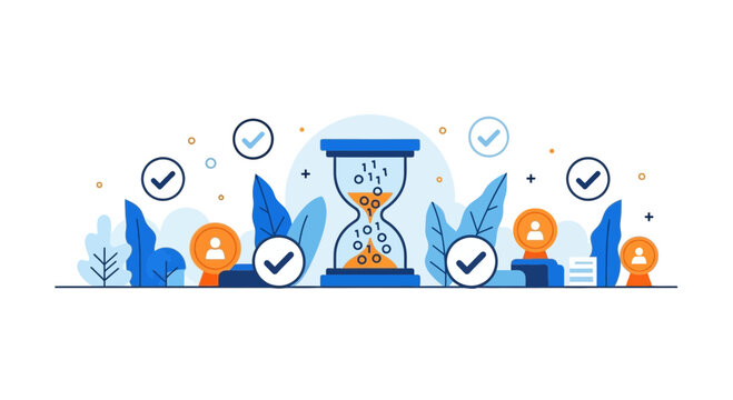 Digital Time Management and Data Processing Flat Illustration with Hourglass, Binary Code, and Human Icons for HR and Efficiency Concepts