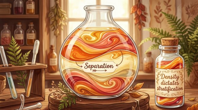 Scientific illustration of liquid separation in a laboratory flask showing density stratification and a small bottle with text