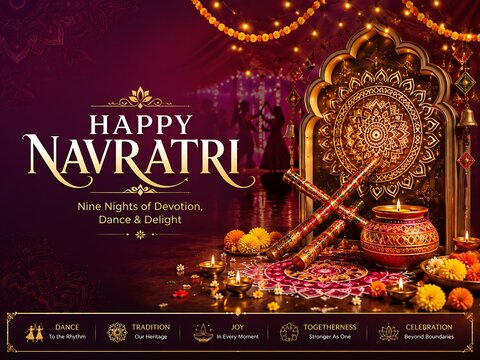 Happy navratri festive greeting background with decorated temple arch lit oil lamp