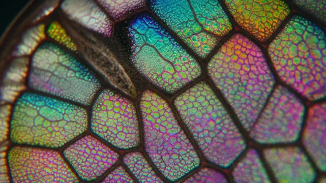 Iridescent Macro Photography of Butterfly Wing Scales Under Microscope Revealing Structural Coloration