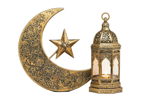 Ornate golden crescent moon with a star and a traditional arabic lantern
