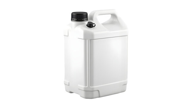 Blank white plastic jerrycan container with black cap isolated on white background plastic canister chemical container plastic jug