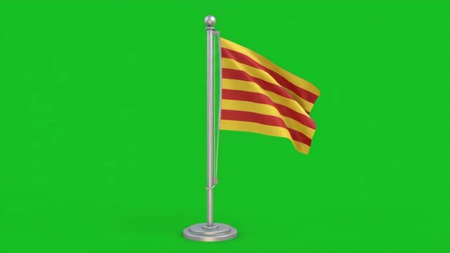 Catalan flag waving proudly on a flagpole against a vibrant green screen background, symbolizing Catalonia's rich heritage and identity.