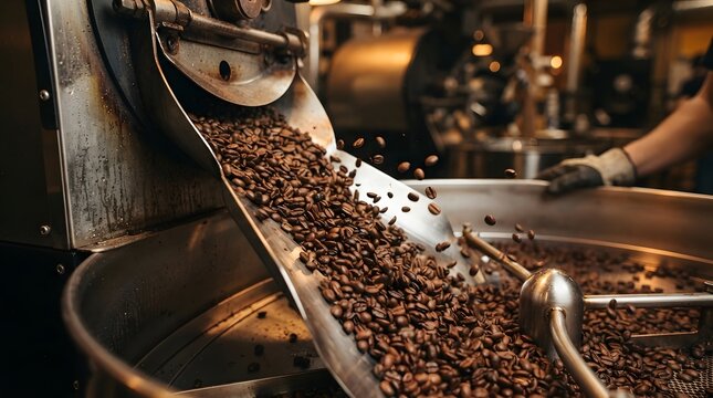 Fresh coffee beans pouring from industrial roasting machine in a professional coffee roastery