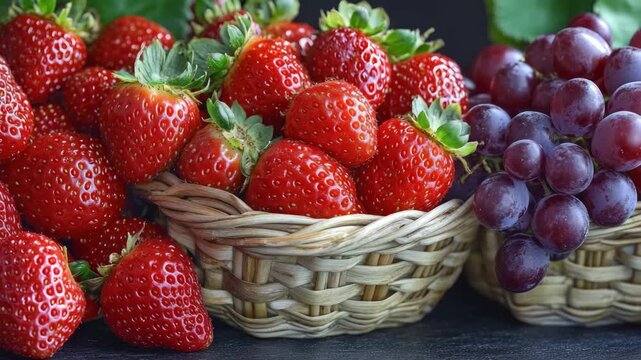 Fresh Red Strawberries and Purple Grapes in Rustic Wicker Baskets
