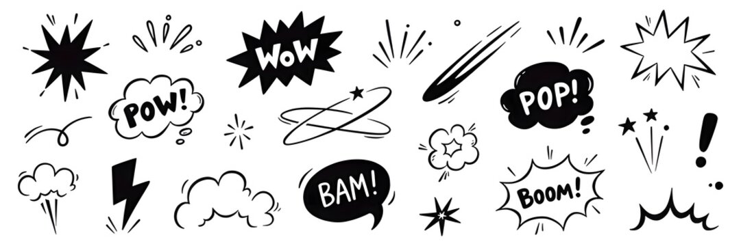 Comic cartoon line splash set. Hand drawn comic line splash effect with cartoon pop icon boom wow. Explosive speech bubble burst action motion explosion emphasis elements. Vector illustration
