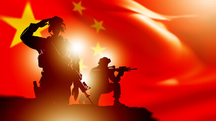 Fototapeta premium China military service, armed soldiers conduct a tactical operation against the background of the Chinese national flag, representing defense and armed forces. 3D image