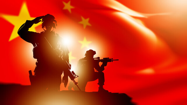 China military service, armed soldiers conduct a tactical operation against the background of the Chinese national flag, representing defense and armed forces.
 3D image