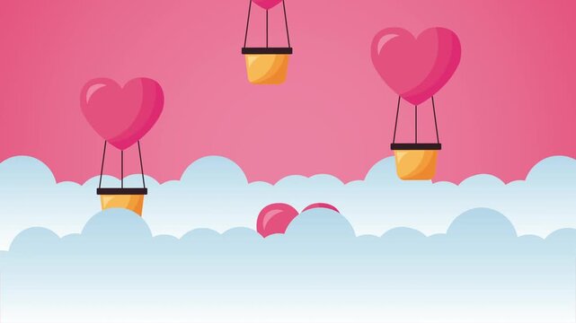 Pink heart shaped hot air balloons float amongst clouds on a bright pink background, romantic animation.
