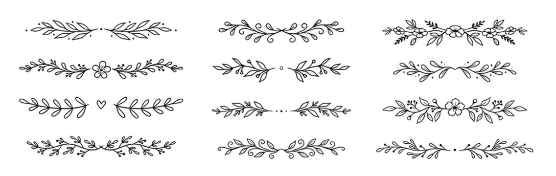 Floral ornament line border set. Hand drawn line doodle style floral divider elements. Flower, vine leaf ornament border frame text vintage flourish decoration. Vector illustration