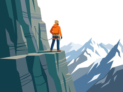 Man on cliff edge with mountain view