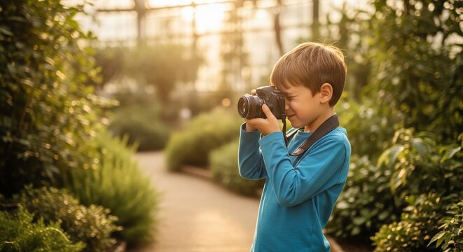 Young boy with camera learning photography in a sunny greenhouse surrounded by lush green plants