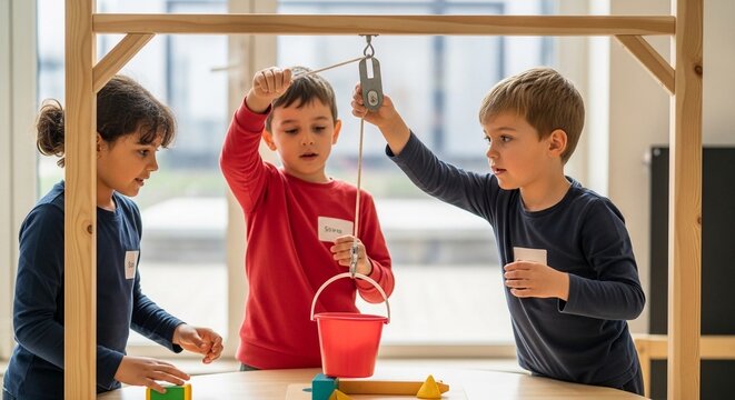 Young boys engaged in a science experiment with a pulley system in a classroom setting