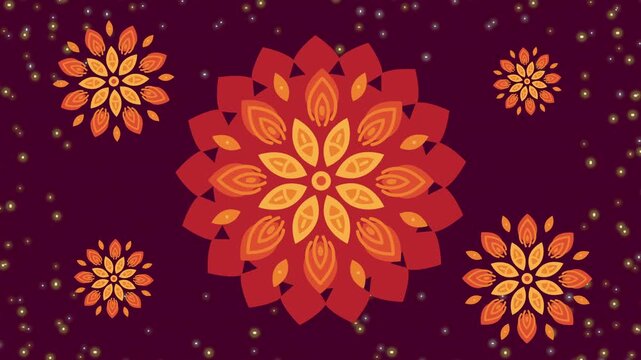 Abstract diwali mandalas animation with red and orange traditional floral patterns and festive particles.