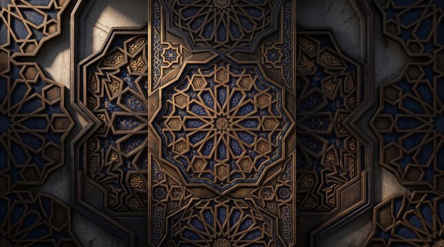 Islamic geometric pattern on carved wood wall, traditional Arabic architectural ornament, dark brown timber paneling with intricate star motifs