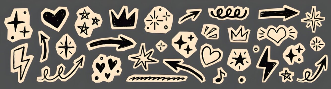 Scrapbook collage sticker element set. Hand drawn paper cut collage with crayon doodle line brush texture. Cute planner craft template design with heart circle arrow star label frame. Vector