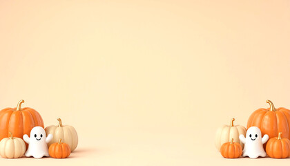 Fototapeta premium Halloween pumpkins and cute ghost figures on beige background border